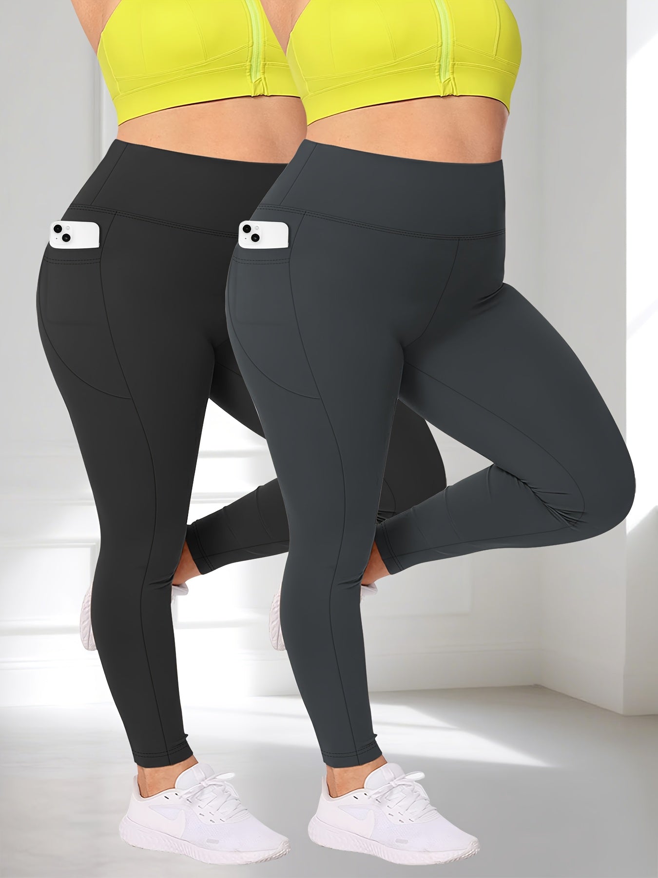 Plus Size - Two-piece set - Plus Size Crescent Pocket 9-Inch Pants (Discounted Promotional Model) - Belly Tight-Fitting Leggings with Pockets High-Waisted Pants for Women and Fitness