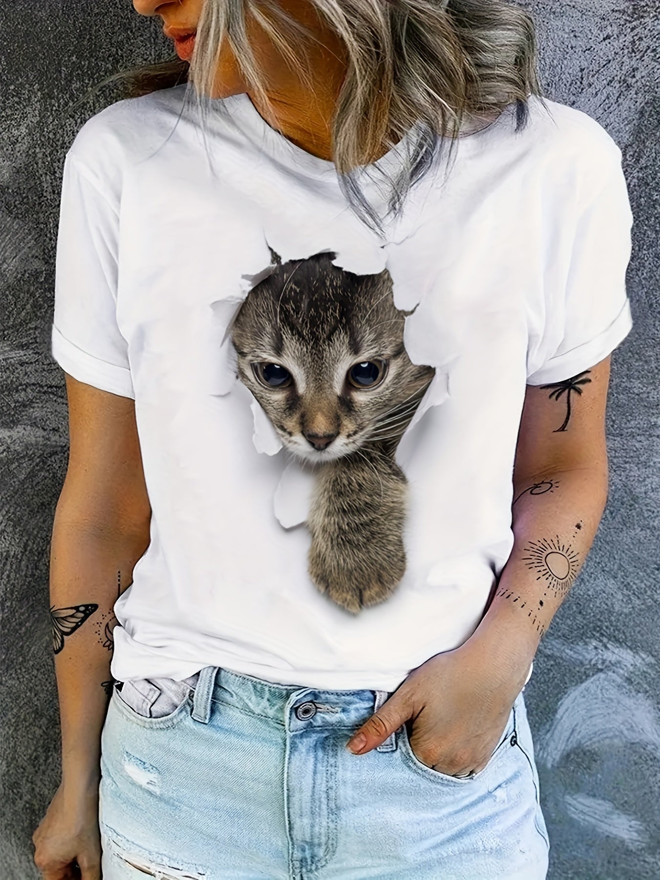 Cute Cat Print T-shirt, Crew Neck Short Sleeve T-shirt, Casual Everyday Tops, Women's Clothing