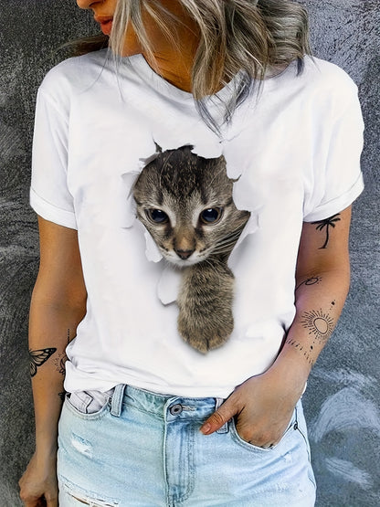 Cute Cat Print T-shirt, Crew Neck Short Sleeve T-shirt, Casual Everyday Tops, Women's Clothing