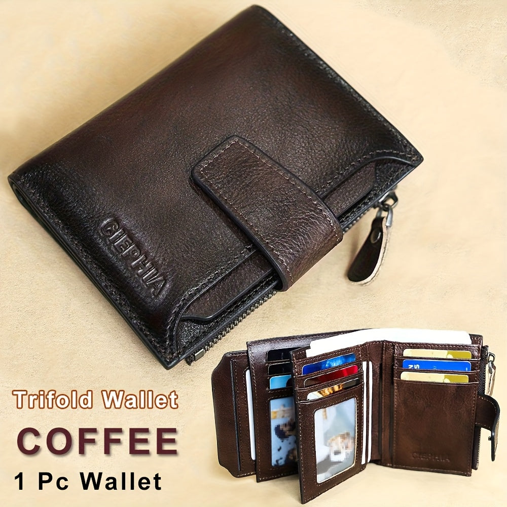1pc CIEPHIA Men's Genuine Leather Wallet - RFID Blocking -Theft, Vintage Brown (Dark tan/, with Zipper Closure, 17-Card Holder, Coin Pocket, ID Window, Multi-Compartment - Heavy-Duty Full-Feature Wallet for Men, Ideal Gift fo