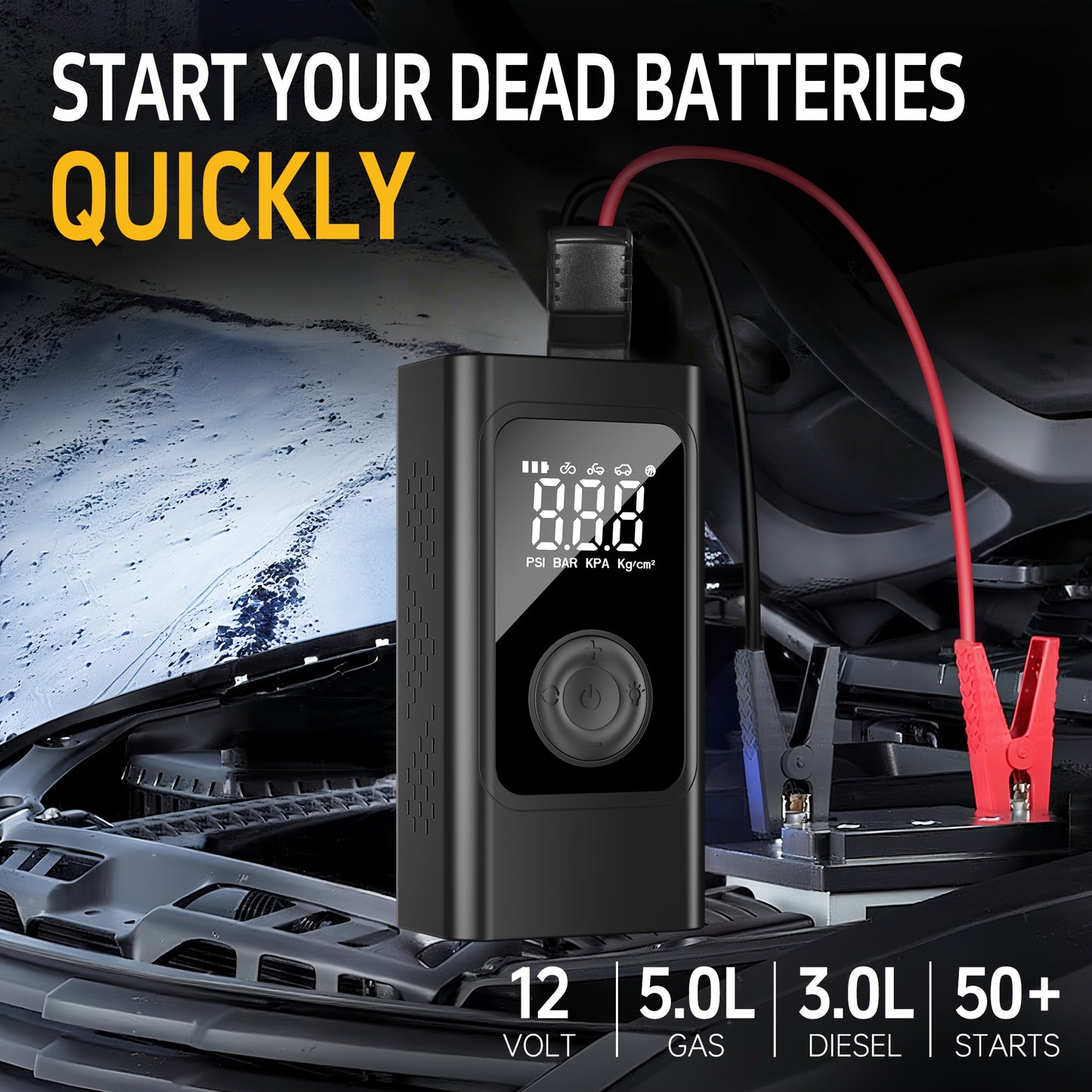 Portable Car Jump Starter with Air Compressor, 5.0 Gasoline/3.0L Diesel Battery Booster, 150PSI Automatic Shut-Off Tire Inflator, 12V Super Safe Lithium Jumper Box, Smart Electric Clamp, LCD Display & LED Light