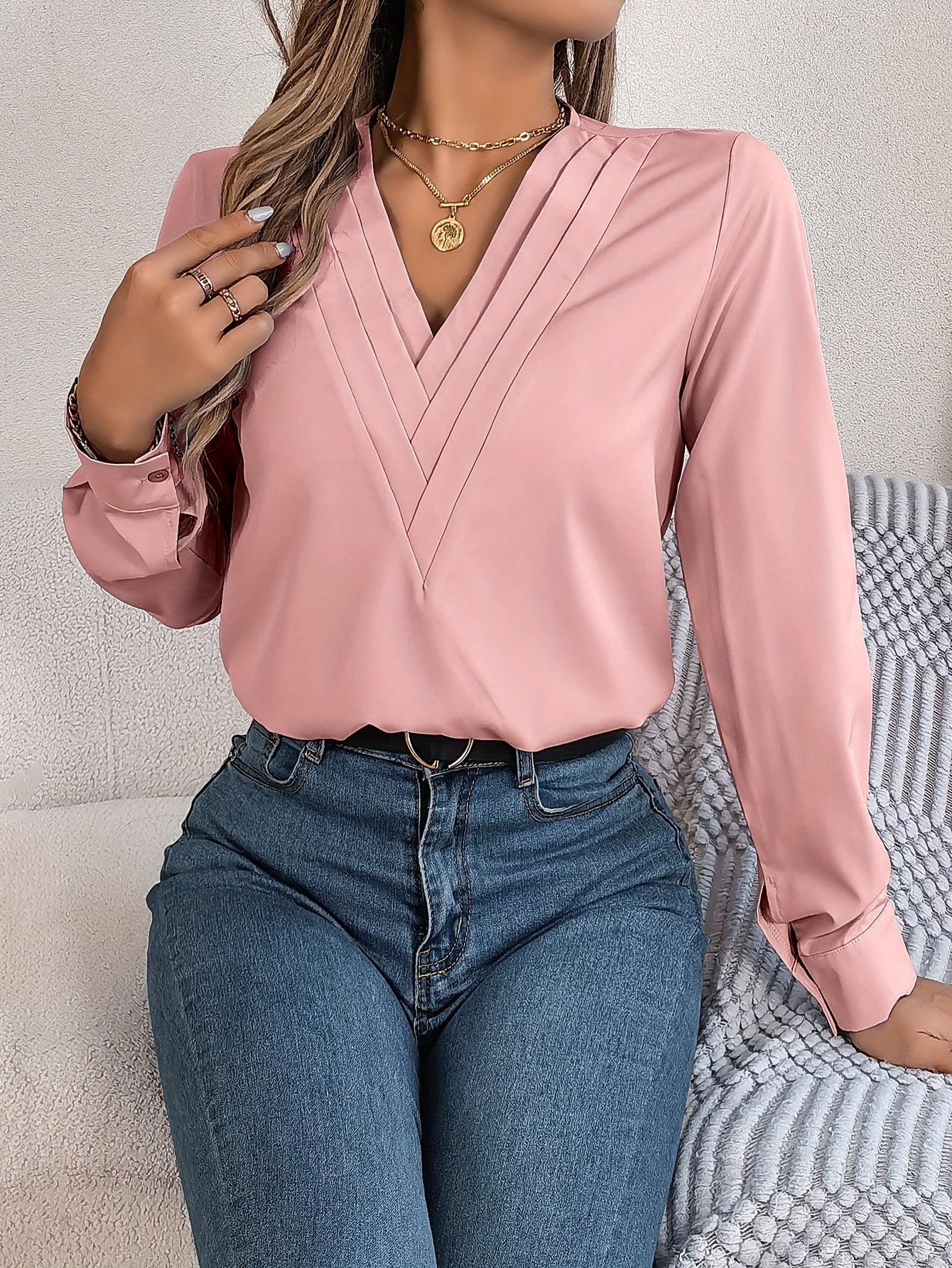 Women'S Elegant V-Neck Long Sleeve Shirt, Solid Color Polyester Blouse with Triple V-Cut, 95% Polyester 5% Elastane, Woven Fabric, 120g/m², for Spring/Summer/Fall - Adult