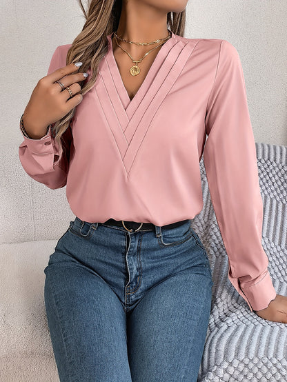 Women'S Elegant V-Neck Long Sleeve Shirt, Solid Color Polyester Blouse with Triple V-Cut, 95% Polyester 5% Elastane, Woven Fabric, 120g/m², for Spring/Summer/Fall - Adult