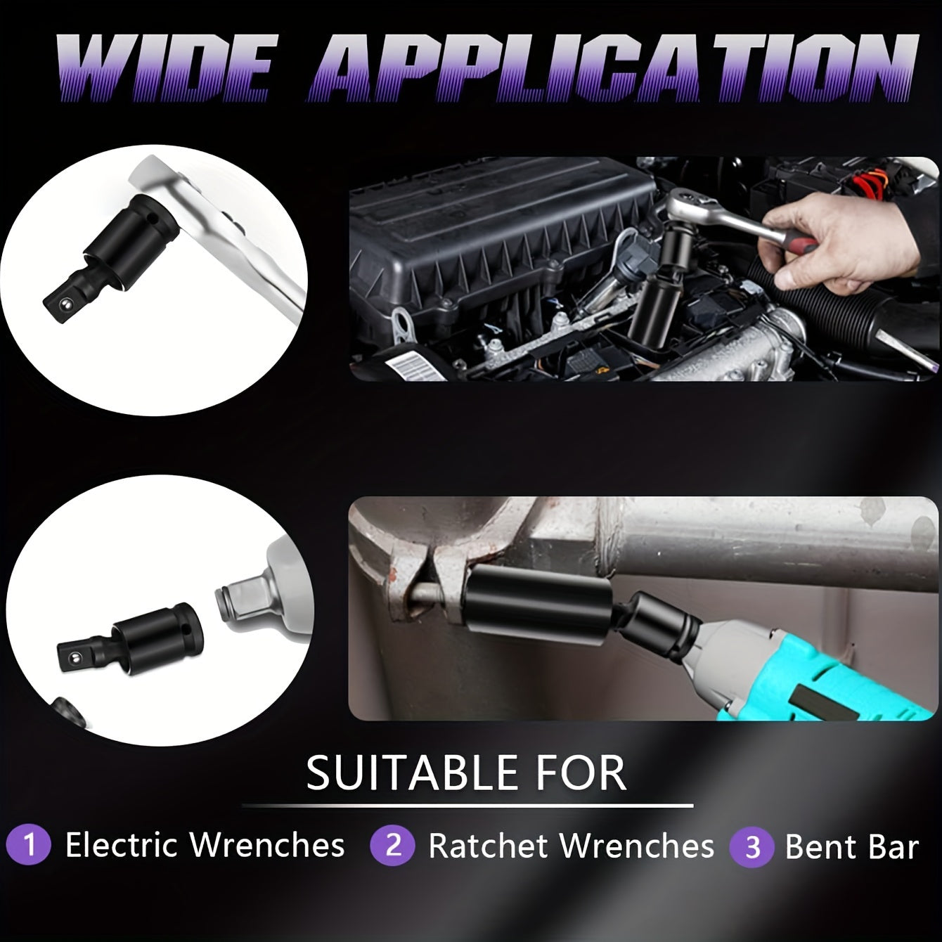 3-Piece Impact Socket Adapter Set - Universal Joint Set, 3-Piece Rotary U-Joint Sockets for Industrial, Automotive and Home Repair - Cr-Mo Steel, Fits 1/2", 3/8", 1/4" Drive - Mechanical Operation, No Electricity Require