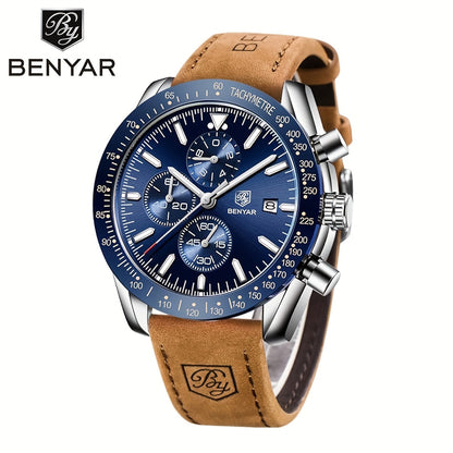 BY BENYAR Men'S Quartz Chronograph Watch - Luminous, Stainless Steel, Blue Dial with Date & Stopwatch, Faux Leather Strap, Elegant Business & Casual Style, Perfect Gift for Men, Professional Chronograph | Sleek Watch Design |