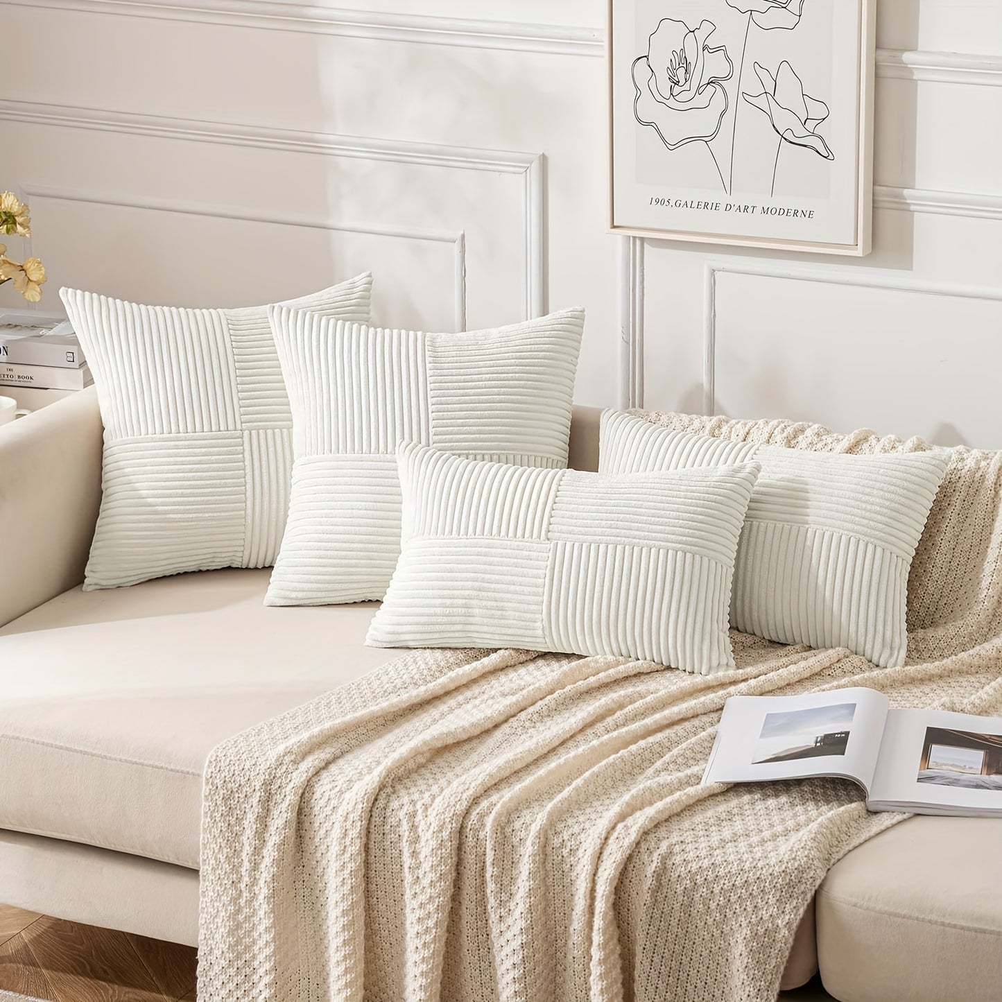 4pcs of mixed pillows (2pcs of square + 2pcs of rectangle) with pillow core, regular surface, all-match wear-resistant corduroy striped pillow, suitable for sofa bedroom living room balcony decoration pillow