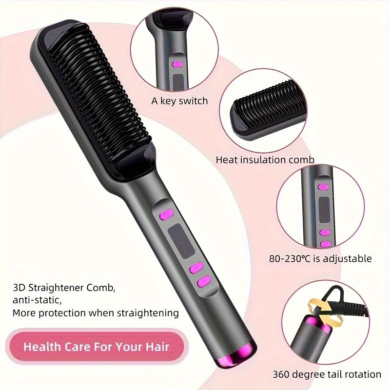 Hair Straightening Brush with LCD Display for Straightening and Curling, Lazy Curling Iron Hair Straightener, Negative Ion Non-Injurious Hair, Anti-scald, Fast Styling Hot Brush, Women'S Gift, Birthday Gift, Holiday Gift, Fas