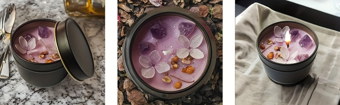 Elegant Lavender Scented Candle in Black Tin - Aesthetic Purple Crystals &amp; Petals Design, Soft Fragrance Natural Soy Wax - Ideal for Relaxation &amp; Home Decor, Perfect Women's Gift, Relaxation Candle|Spa Atmosphere Candle|Black
