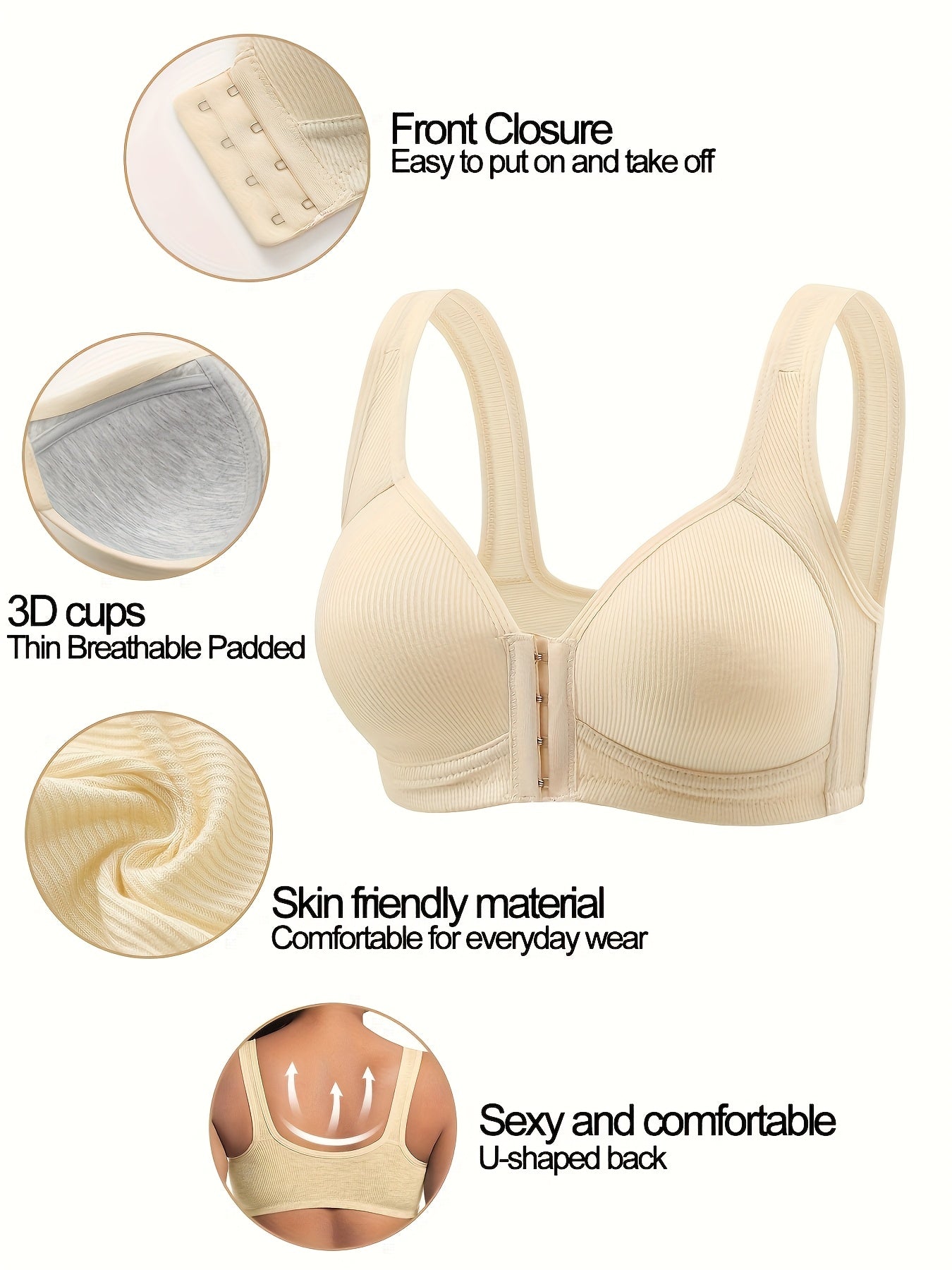 5pcs Set, Front Closure Vertical Stripe Push-Up Wireless Bra, Seamless Bra, Strapless Bras for Women Full Support, White Sports Bras for Women, Bras for Women Front Closure, Sports Bras for Women Quick Dry, Activewear Essenti