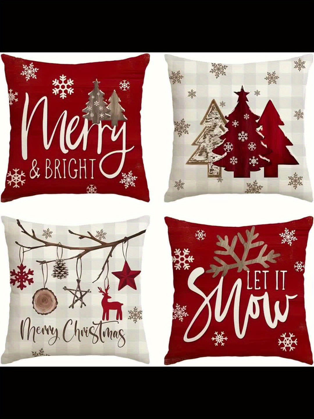 4pcs Merry & Bright Christmas Let It Snow Snowflake Buffalo Plaid Throw Pillow Covers, Red Xmas Trees Winter Holiday Cushion Case Decoration for Sofa Couch