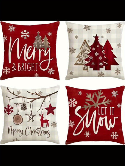 4pcs Merry & Bright Christmas Let It Snow Snowflake Buffalo Plaid Throw Pillow Covers, Red Xmas Trees Winter Holiday Cushion Case Decoration for Sofa Couch