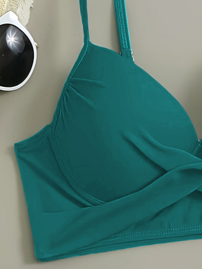 Floral Leaf Print Stretchy 3 Piece Set Swimsuits, Cross Spaghetti Strap Push Up Bikini & Boxer Shorts, Women's Swimwear & Clothing