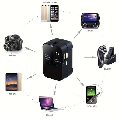 1pc Universal Travel Socket, Dual USB Ports, 110V-240V Input, EU/US/AU Plug, Surge Protection, All-in-One Wall Charger for Over 150 Countries, Essential for Business Trips and Travel