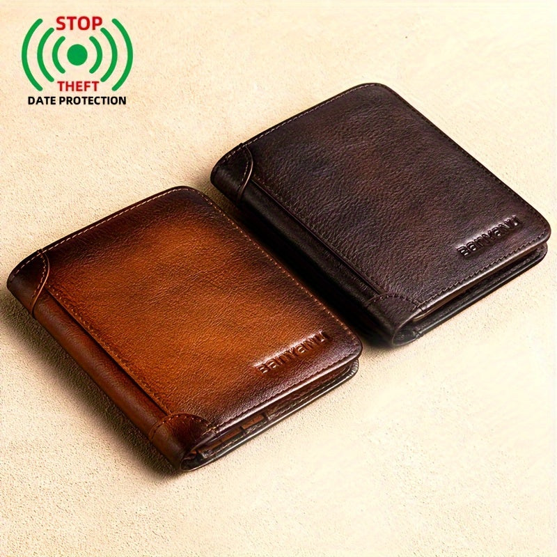 BANYANU Men'S Genuine Leather Short Wallet - Brown, Casual Style, Three-Fold Design, Multiple Card Slots, Anti-Theft Protection, Durable & Stylish for Everyday Use, Secure Card Holder | Casual Wallet | Genuine Leather Wallet