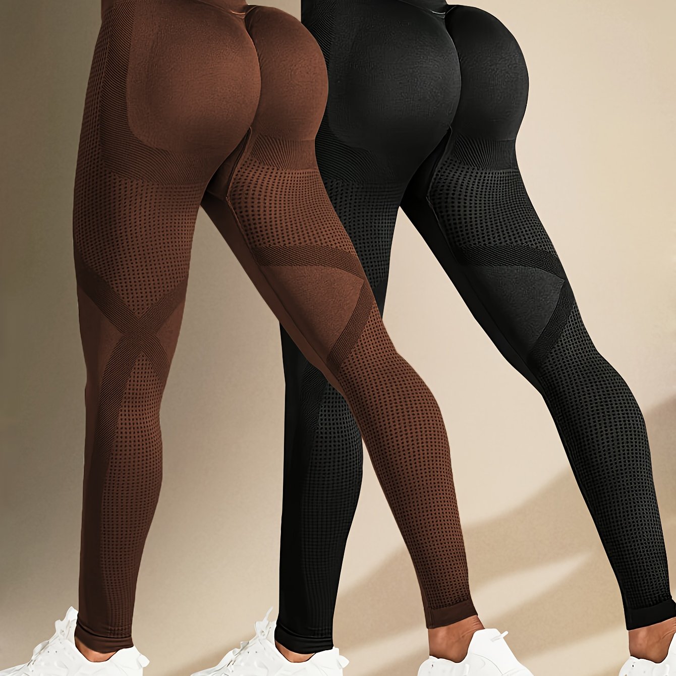 Two Solid Color High-Elasticity Fitness Yoga Leggings - Abdominal Control, Pleated, Elastic Waistband, Long Length, Made of Polyamide And Elastic Materials - Suitable for Women'S Activewear, Exercise, And All Seasons.