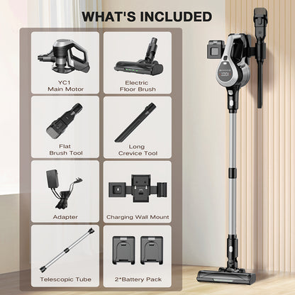 Aspirador sem fios MOOSOO YC1 Pro com visor LED, 2 baterias, design vertical leve 6 em 1, alta sucção para carpetes, pavimentos duros e pelos de animais, cabo ergonómico, construção durável, aspirador sem fios, auxiliar de limpeza doméstica.