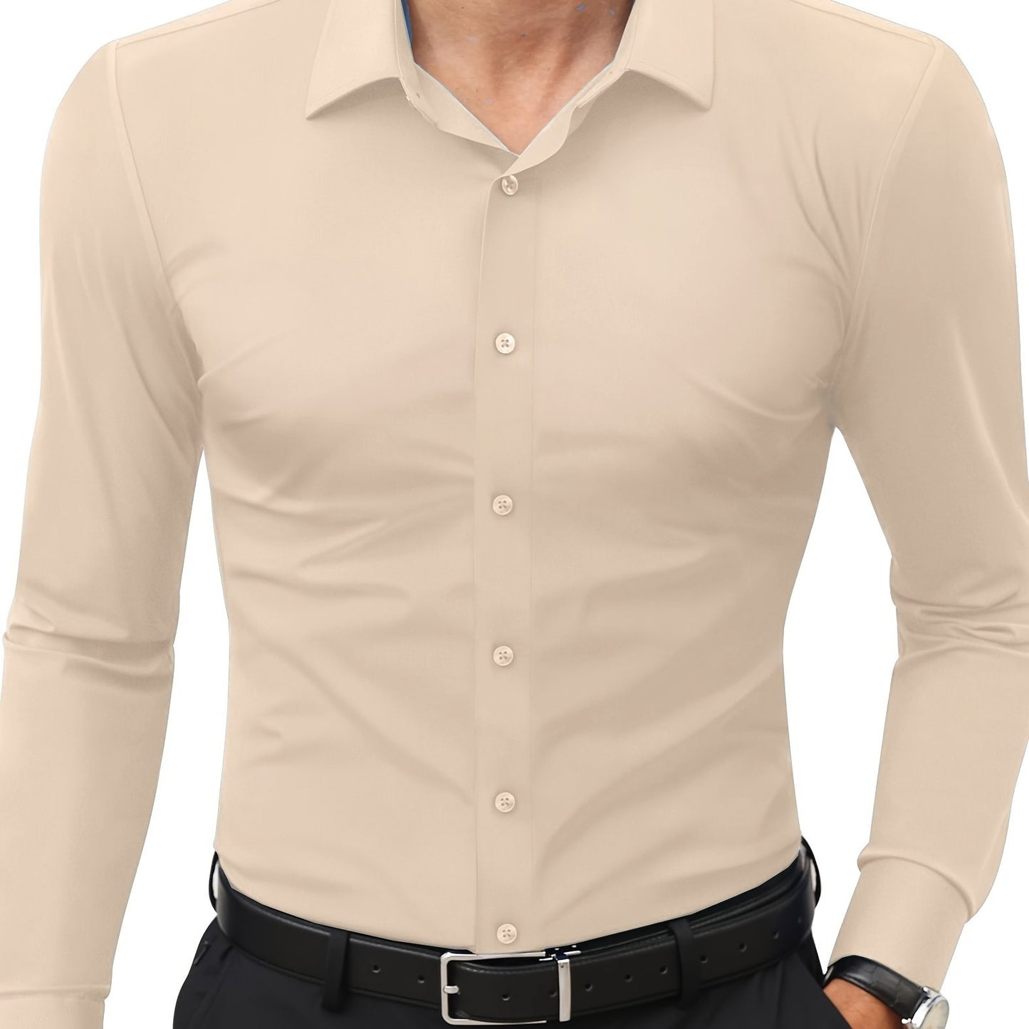 Camisola de homem de manga comprida com corte slim - 55% algodão, 40% poliéster, 5% elastano, cor lisa, para todas as estações, tecido plano, fecho com botões, gola de lapela, ideal para o fim de semana, 125 g/m²