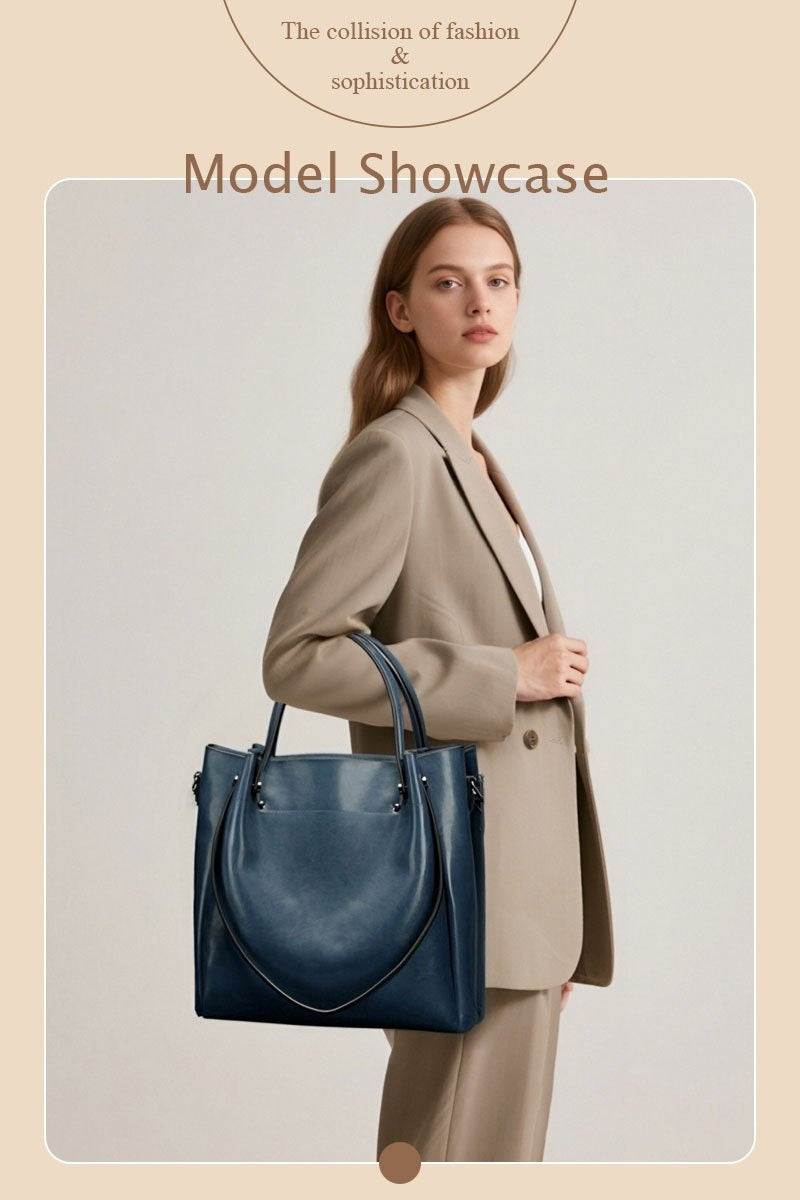 Women'S Genuine Leather Tote & Crossbody - Elegant Minimalist Hand with Golden-Tone Hardware, Zipper Closure, Golden-Tone Hardware &, Sturdy Base For Everyday & Formal Use, Versatile Accessory, Sleek Design, Durable Construct