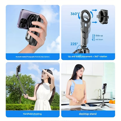 4-in-1 Multi-function Selfie Stick with Wireless Remote Control | Magnetic, Cell Phone Clip Dual Combination, 360° Rotation