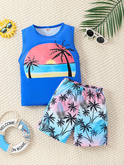 Boy's Coconut Trees Casual Outfit Round Neck Tank Top & Shorts Comfortable Breathable For Summer Kids Clothes Sets, Ideal For Daily & Outdoor Wear