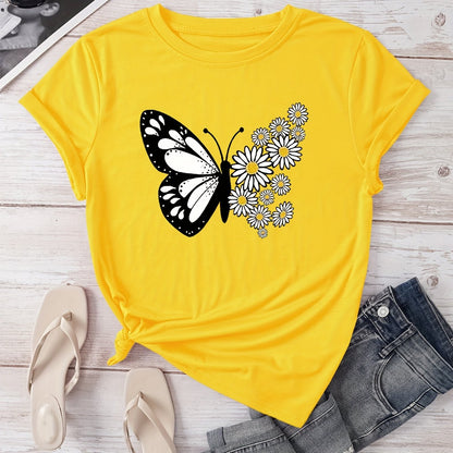 T-shirt casual para mulher com estampado floral de borboletas e margaridas, gola redonda - Verde azeitona, Lavável à máquina, Modelagem regular para looks casuais, Moda para todas as estações, Estilo descontraído, Tecido não transparente
