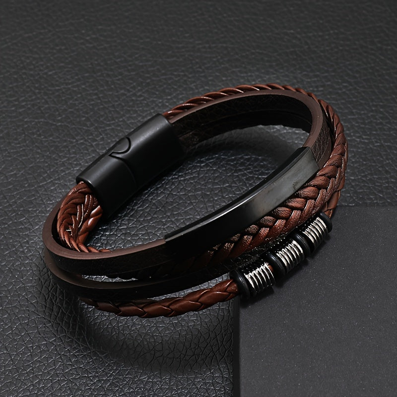 Nova pulseira masculina vintage, feita à mão, com várias camadas de contas, fecho magnético e revestimento em PU.