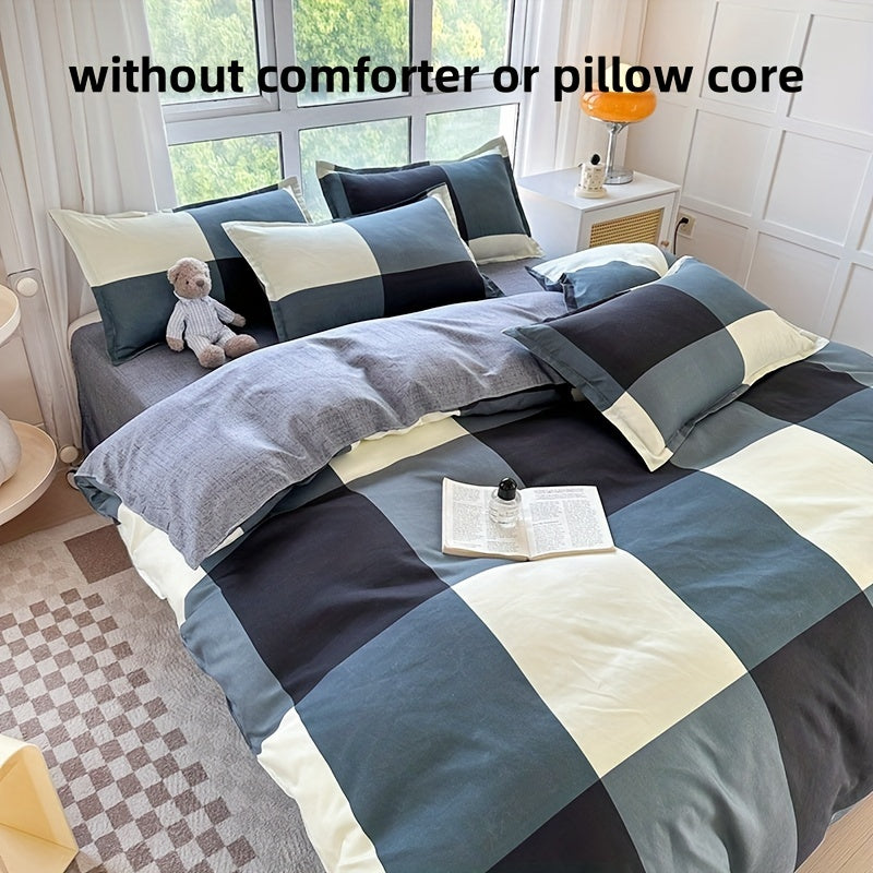 Conjunto de cama de 4 peças macio e respirável - Estampado xadrez espacial criativo, lavável à máquina - inclui lençol, edredão e 2 fronhas para todas as estações - ideal para dormitórios de estudantes, quartos e quartos de hóspedes.