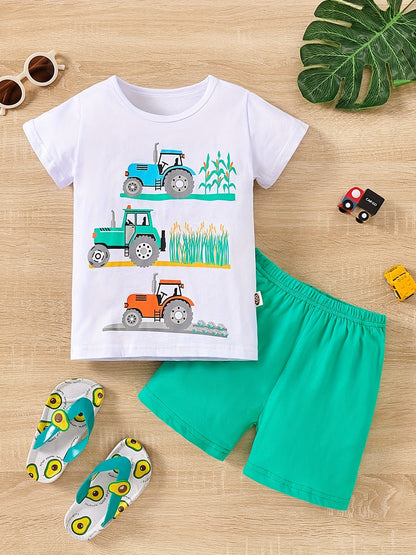 Boy's Tractors Print Casual Outfit Round Neck T-shirt & Shorts, Kids Summer Clothes Set For Daily And Outdoor Wear