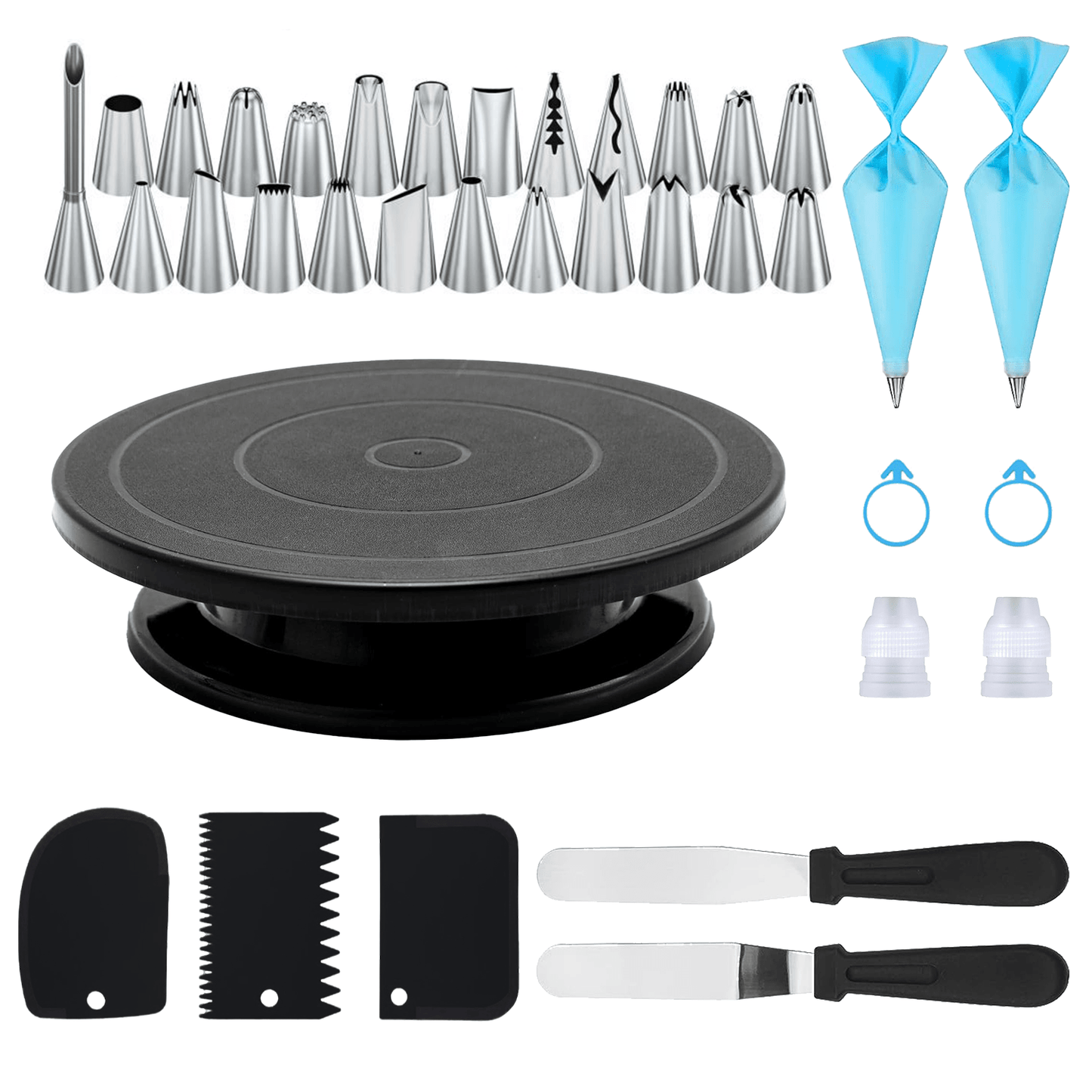 36pcs Stainless Steel Piping Nozzles Cake Turntable Set, 24 Piping Nozzles, 1 Cake Turntable, 2 Reusable Piping Bags, 2 Silicone Rings, 2 Converters, 2 Cream Spatulas, 3 Cream Scrapers, Cake Decorating, Nozzles, Pastry, Cupca