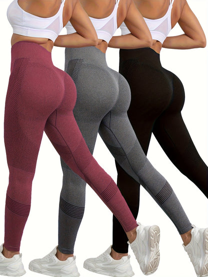 3pcs Women's High-Waisted Seamless Gym Leggings - Butt-Lifting Tummy Control Yoga Pants, 4-Way Stretch Machine Washable Workout Running Yoga Pants in Burgundy/Gray/Black, Sleek Sporty Design, Nontransparent Fabric