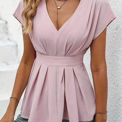 V-neck Ruffle Hem Solid Peplum Blouse, Elegant Cinched Waist Blouse For Spring & Summer, Women's Clothing