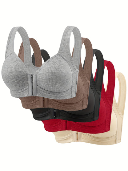 5pcs Set, Front Closure Vertical Stripe Push-Up Wireless Bra, Seamless Bra, Strapless Bras for Women Full Support, White Sports Bras for Women, Bras for Women Front Closure, Sports Bras for Women Quick Dry, Activewear Essenti