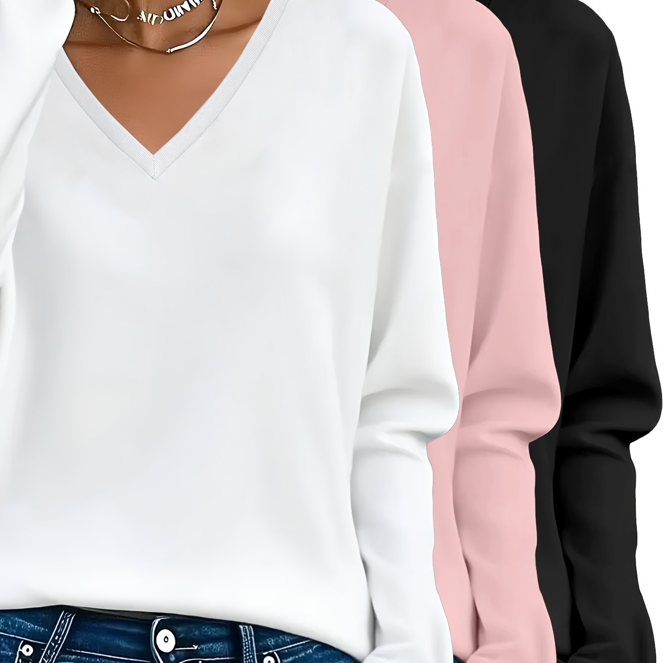 3pcs Women'S 100% V-Neck Long Sleeve T-Shirts - Soft, Durable, and Comfortable Casual Wear for All Seasons, Perfect for Holidays, Graduations, and Everyday Style, Everyday Comfort Wear | Minimalist Style | Soft Fabric Tee