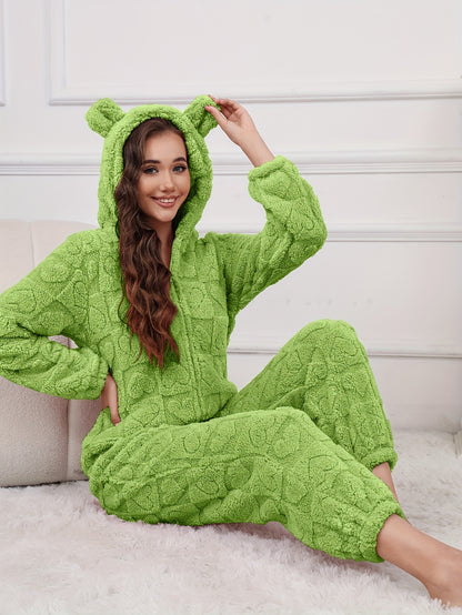 Women's Plush Fleece Hooded Jumpsuit - Cozy Mid-Length Zip-Up Romper with Heart Pattern, Harem Pants & Machine Washable for Autumn/Winter Clothing, Winter Apparel, Playful Bear Design, Soft Texture Apparel