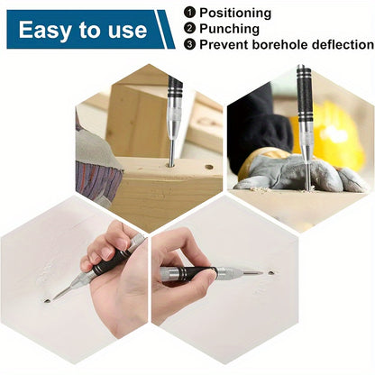 KeraForm Automatic Center Punch with 2 Extra Tips - 5-Inch Heavy Duty Steel Spring Loaded Punching Tool, Adjustable Tension, Rust Resistant, Polished Finish, Round Head for Metal, Wood, Glass - Iron Material