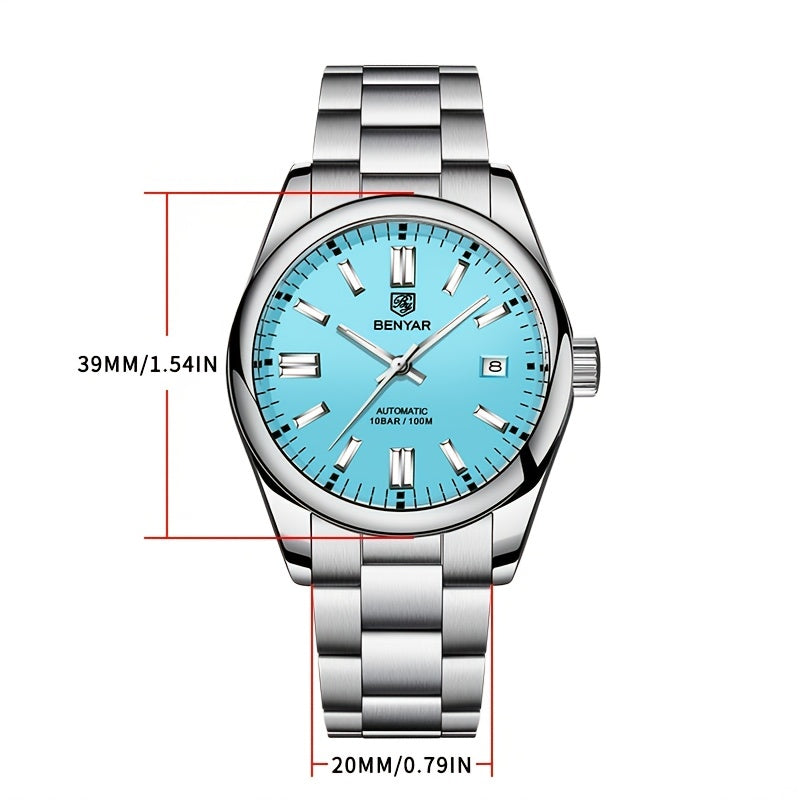 1pc BENYAR Men's Mechanical Wristwatch, 10Bar Waterproof Automatic Watch, Stainless Steel Sports Diving Watch For Men, Ideal choice for Gifts