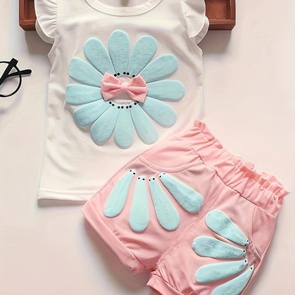 Girl's Summer Cotton Two-piece Set, Baby Girl Sunflower Print Short Sleeve Ruffled Top & Shorts Outdoor Wear Outdoor Clothing