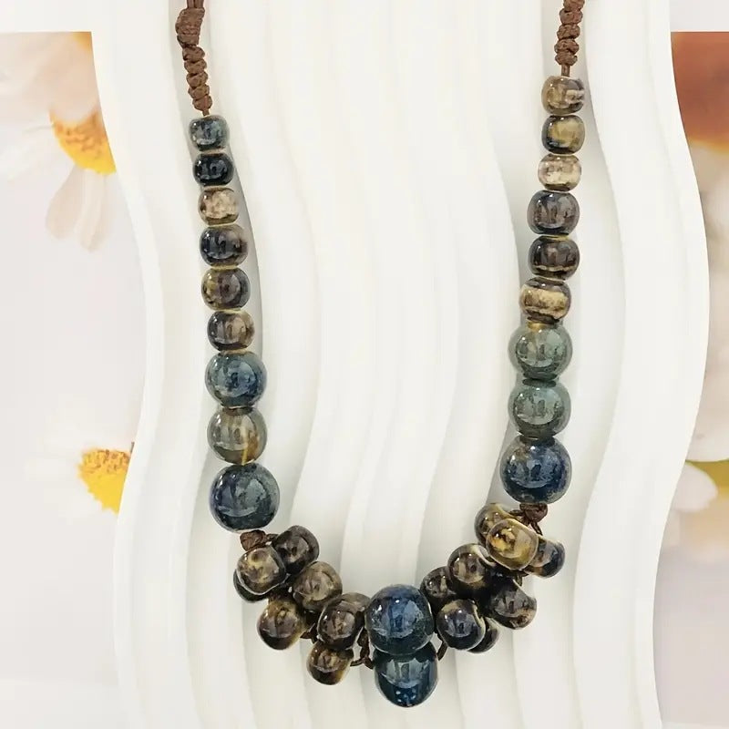 Handwoven Bohemian Women's Necklace - Marbled Ceramic Beads in Earthy Brown/Green/Blue/Golden/Black, Chunky Multi-Color Large Bead Statement Jewelry, Year-Round Versatile Boho-Chic Accessory for Daily Wear & Special Occasions