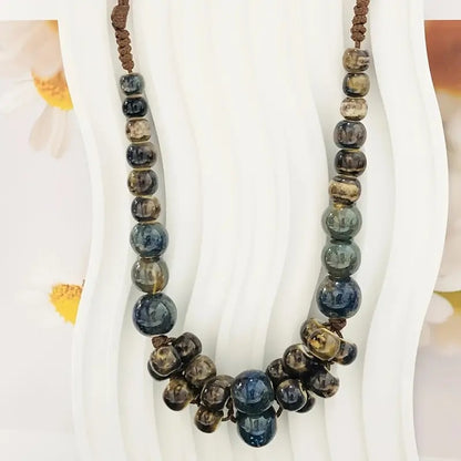 Handwoven Bohemian Women's Necklace - Marbled Ceramic Beads in Earthy Brown/Green/Blue/Golden/Black, Chunky Multi-Color Large Bead Statement Jewelry, Year-Round Versatile Boho-Chic Accessory for Daily Wear & Special Occasions