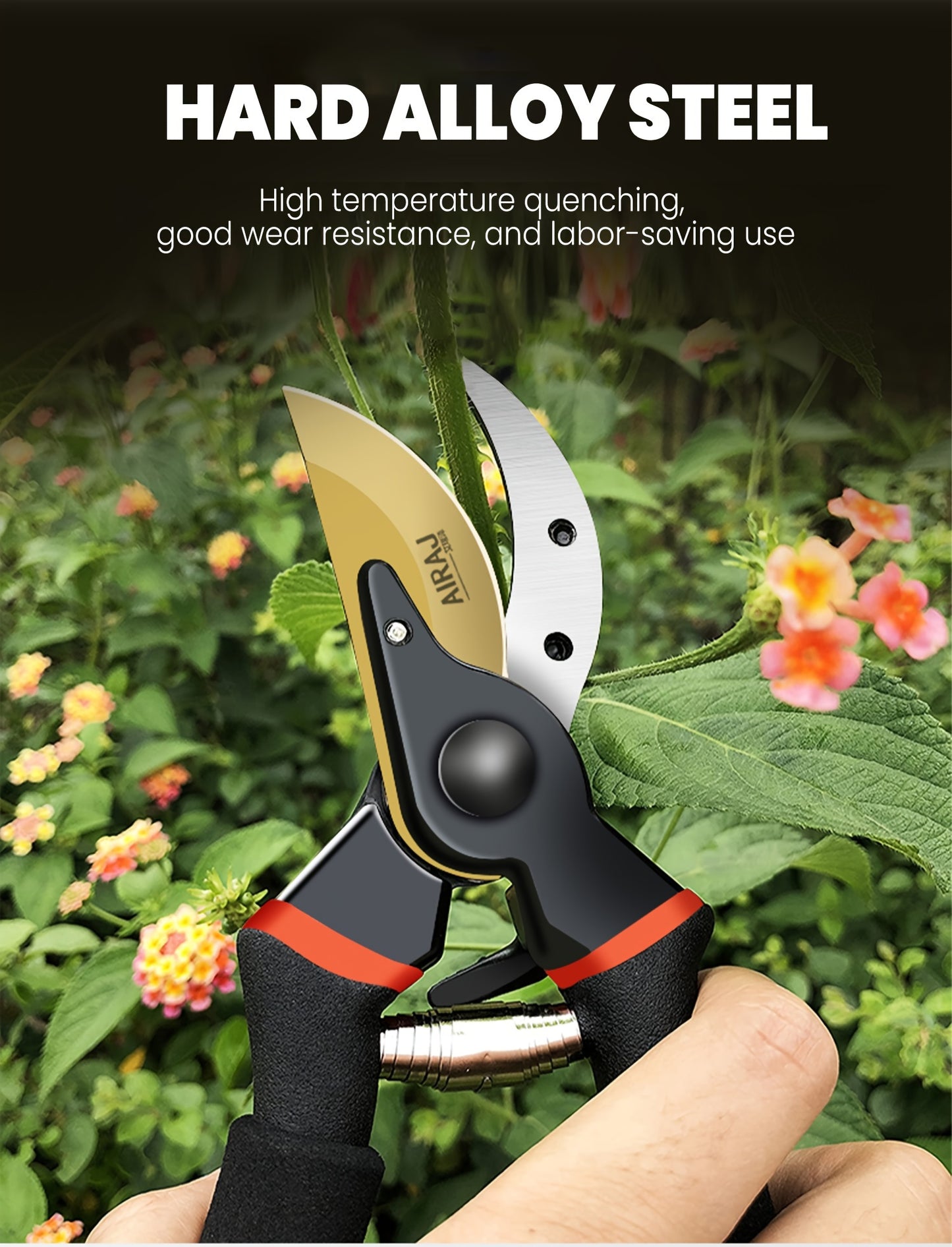 AIRAJ Heavy-Duty Garden Trimmer - Ultra-Sharp, Durable Manual Pruning Shears with Ergonomic Non-Slip Grip for Branches & Flowers