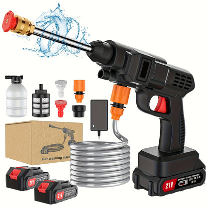 Pistola de limpeza de alta pressão sem fios, auto-ferrante, com jato contínuo de espuma, mangueira de 5 m e 2 pilhas de lítio recarregáveis, bocal 3 em 1, lavadora elétrica portátil, ideal para lavar automóveis, limpar jardins e pavimentos.