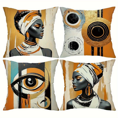 4pcs African Art Throw Pillow Covers Set - Stylish Home Decor with One-Sided Print, Square Polyester Cushion Covers, Modern Sofa Decorative Pillowcases