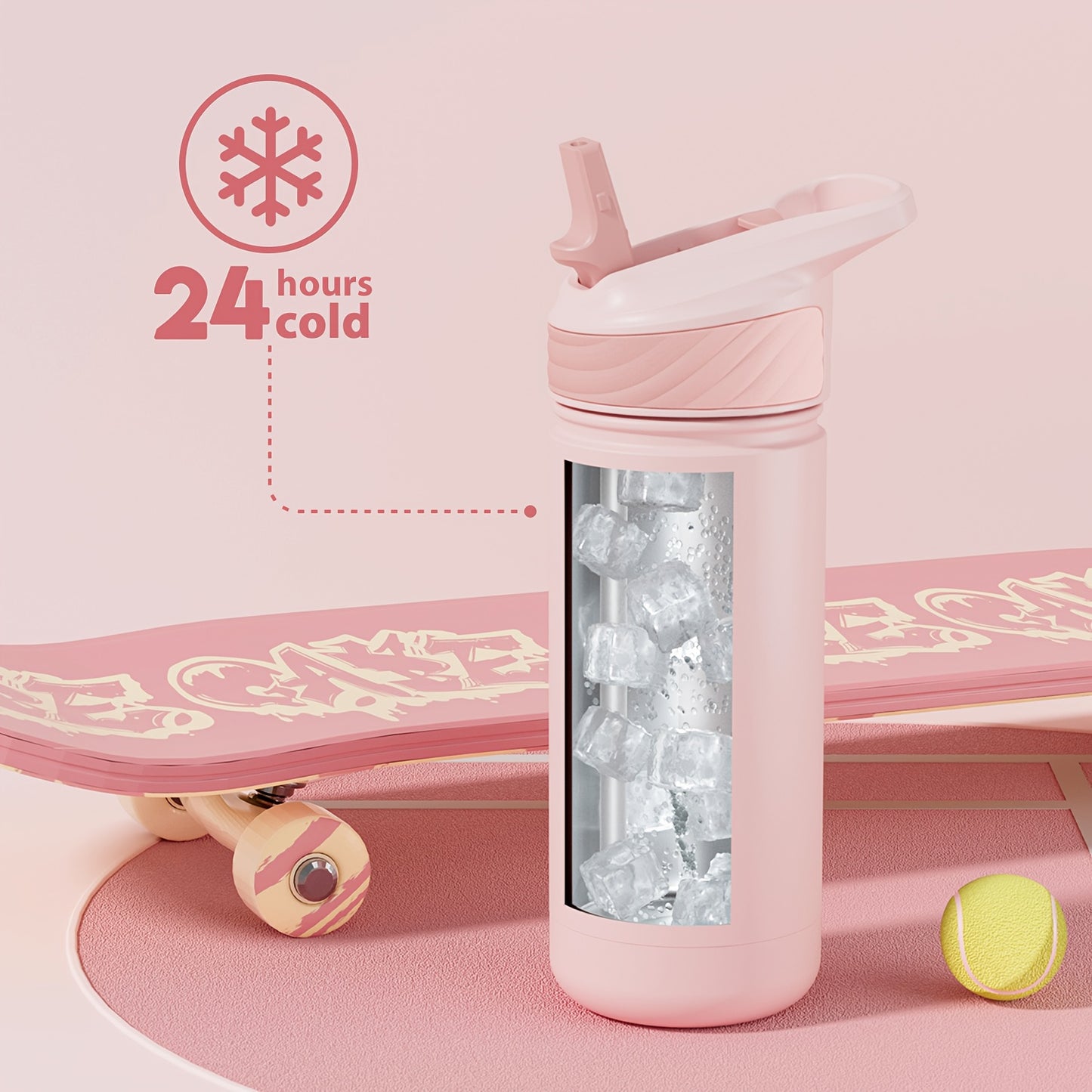 Powcan 18oz Stainless Steel Insulated Water Bottle Double Wall Insulated Bottle Travel Mug with Flip-Top Straw Lid, Leakproof Reusable Sip Cup with Handle, Sports Drinking Cup for Gym, Office, or Car Use