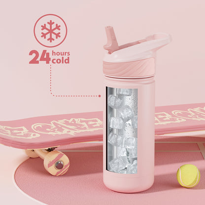 Powcan 18oz Stainless Steel Insulated Water Bottle Double Wall Insulated Bottle Travel Mug with Flip-Top Straw Lid, Leakproof Reusable Sip Cup with Handle, Sports Drinking Cup for Gym, Office, or Car Use