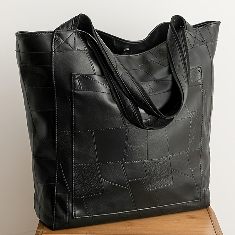 Women's Faux Leather Tote Bag with Magnetic Closure, Fixed Shoulder Straps, Solid Color, Polyester Lined, Edge Paint Detail, Suitable for Various Occasions