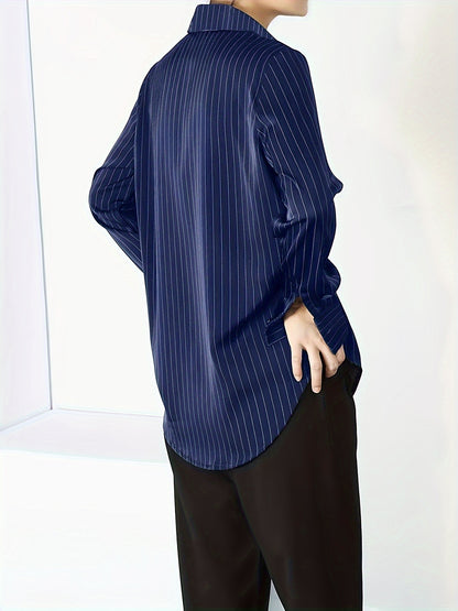 Striped Button Up Chest Pocket Blouse, Elegant Lapel Collar Long Sleeve Blouse, Women's Clothing