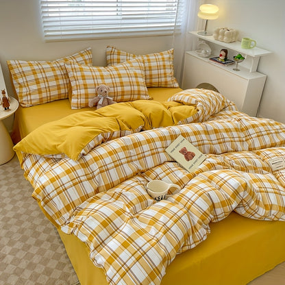 4pcs quilt set (1*quilt cover + 1*bed sheet + 2*pillowcases, excluding quilt core), yellow and white line printed bedding set, soft and comfortable four-season quilt cover, suitable for bedroom and guest room