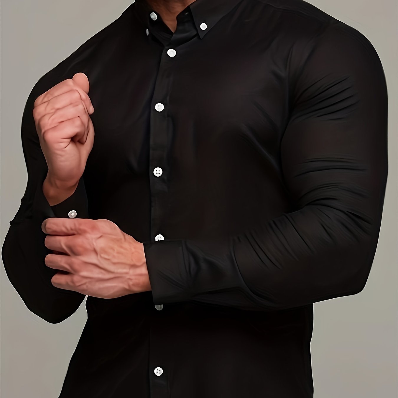 Camisa de homem de manga comprida, corte slim, cor sólida, tecido elástico de secagem rápida e fecho de botões. Ideal para atividades físicas na primavera e no outono.