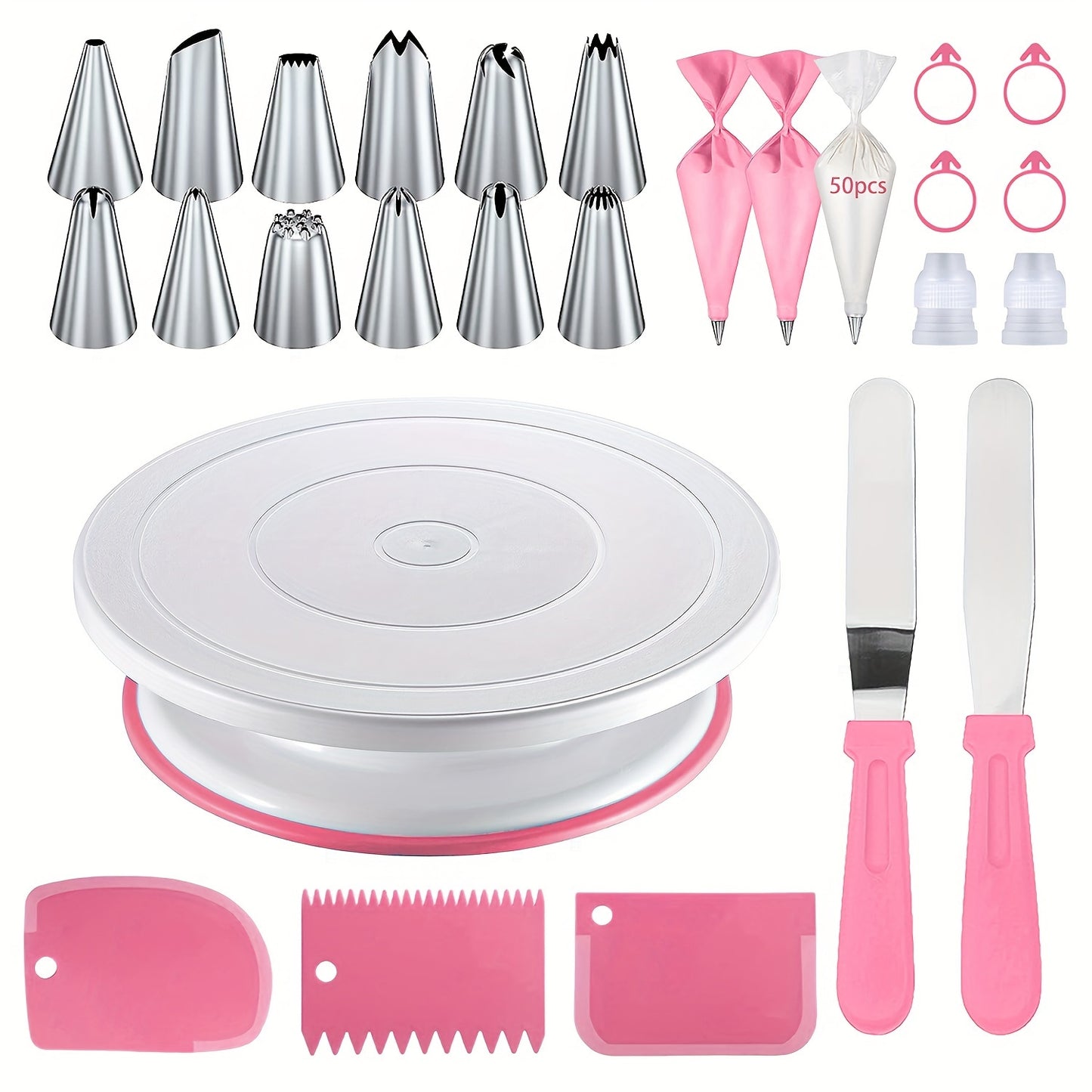 76pcs Stainless Steel Piping Nozzles Cake Turntable Set, 12 Nozzles, 1 Turntable, 2 Reusable Piping Bags, 50 Disposable Piping Bags, 4 Silicone Rings, 2 Converters, 2 Icing Spatulas, 3 Icing Scrapers, Cake Decorating, Nozzles