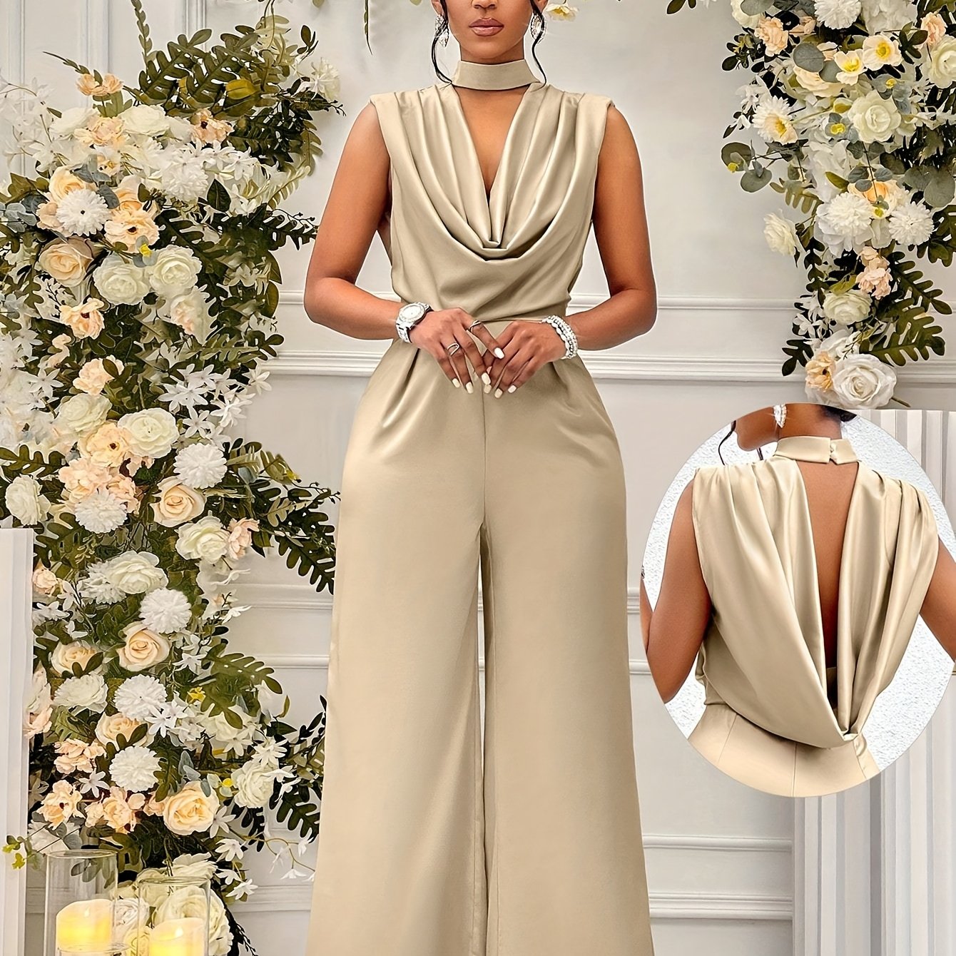 Women's Elegant High-Waisted Sleeveless Wide-Leg Jumpsuit - Beige Stand Collar Non-Stretch Machine Washable All-Season Versatile Outfit for Casual & Formal Events (NS702), Event Clothing | Sophisticated Style | Sophisticated